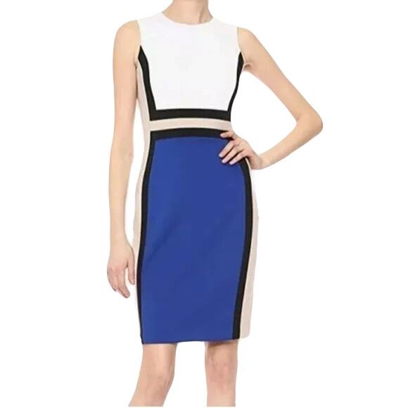 NWT CALVIN KLEIN Dress 12 Colorblock Royal-Blue White Beige Sheath Stretch - Picture 1 of 6